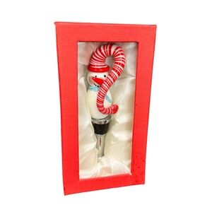 LSArts Jolly Winter Snowman Candy Cane Glass Art Wine Bottle Stopper Red/White